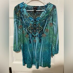 Y2K Shades Of Teal and Green Tunic Top, Size Large